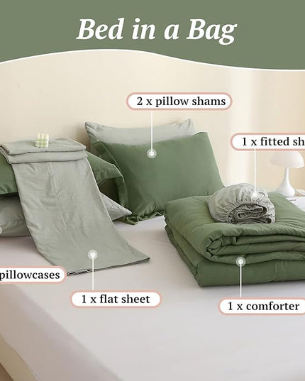 MILDLY King Size Comforter Set 7 Piece Color Clash, Olive Green Bed in a Bag, All Season Bedding Sets with 1 Comforter, 2 Pillow Shams, 2 Pillowcases, 1 Flat Sheet, 1 Fitted Sheet - LeafyLoom