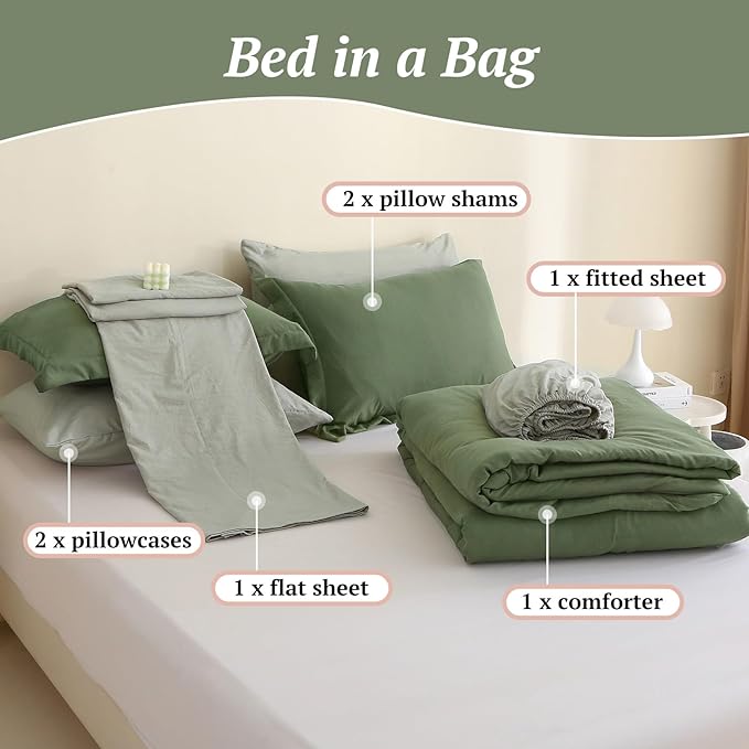 MILDLY California King Size Comforter Set 7 Piece Color Clash, Olive Green Bed in a Bag, All Season Bedding Sets with 1 Comforter, 2 Pillow Shams, 2 Pillowcases, 1 Flat Sheet, 1 Fitted Sheet - LeafyLoom