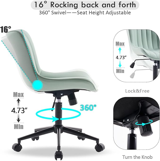 YOUNIKE Armless Office Chair Swivel Desk Chair, Upholstered Leather Computer Gaming Chair with Wheels, Adjustable Modern Rolling Task Chair Mid Back, Mint Green - LeafyLoom
