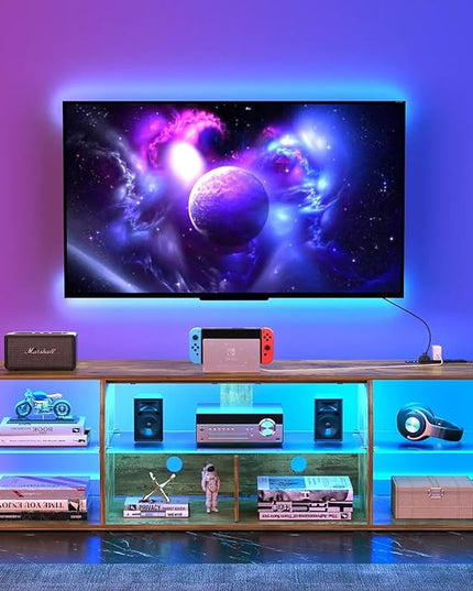VECELO LED TV Stands Power Outlets, Entertainment Center with Glass Shelves, 7 Open Storage, Modern Television Cabinet for Living Room Bedroom, Light Brown, 65inch - LeafyLoom