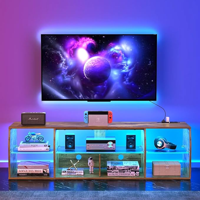 VECELO LED Gaming TV Stand with Power Outlets Television Cabinet with 7 Open Storage Shelves, Industrial Entertainment Center for Living Room and Bedroom, Light Brown, 55inch - LeafyLoom