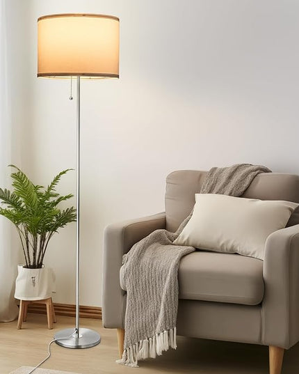 Floor Lamp, Modern Standing Lamps for Living Room with LED Bulb, 3 Color Temperature Simple Design Tall Lamps with Pull Chain Switch, Silver Pole Lamp with Lampshade for Office Reading - LeafyLoom