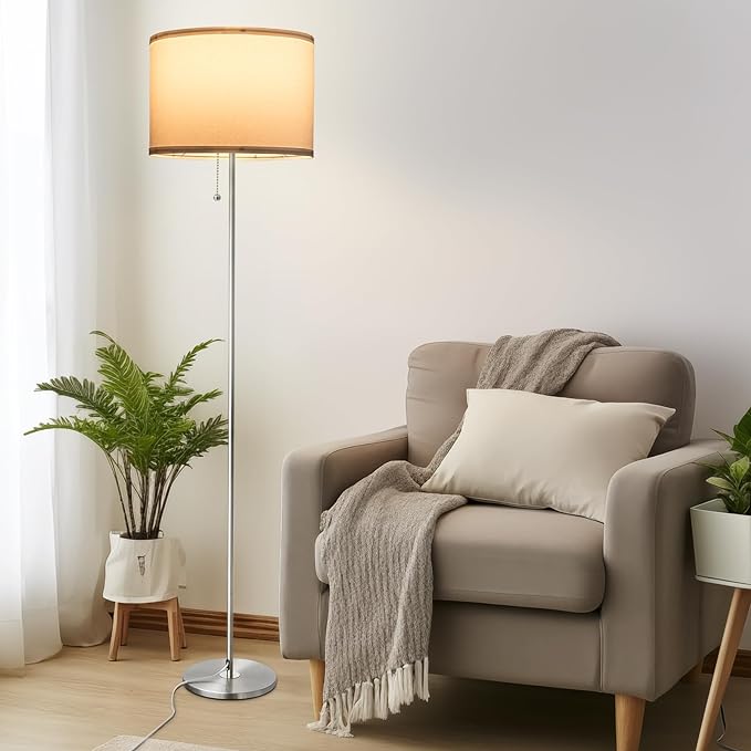 Floor Lamp, Modern Standing Lamps for Living Room with LED Bulb, 3 Color Temperature Simple Design Tall Lamps with Pull Chain Switch, Silver Pole Lamp with Lampshade for Office Reading - LeafyLoom