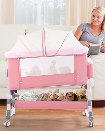 4 in 1 Baby Bassinet, Rocking Bassinets Bedside Sleeper with Comfy Mattress and Wheels, Height Adjustable Easy Folding Portable Bedside Crib for Newborn Infant,Pink - LeafyLoom