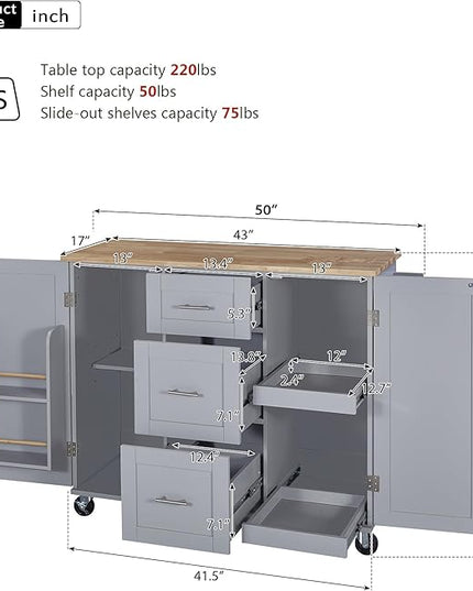 50Inch Rolling Kitchen Island Cart with Internal Cabinet, 3 Drawers and Storage Shelf, Kitchen-Island Table on Wheels w/Rubber Wood Top, Spice Rack, for Dining Room House Bar - LeafyLoom