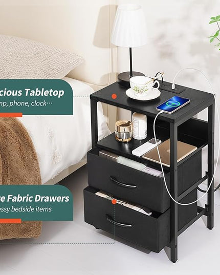 Yoobure Nightstand with Charging Station, Small Night Stand with Fabric Drawers and Storage Shelf for Bedrooms, Nightstands for Small Spaces, Bedside Table with USB Ports & Outlets Bed Side Table - LeafyLoom
