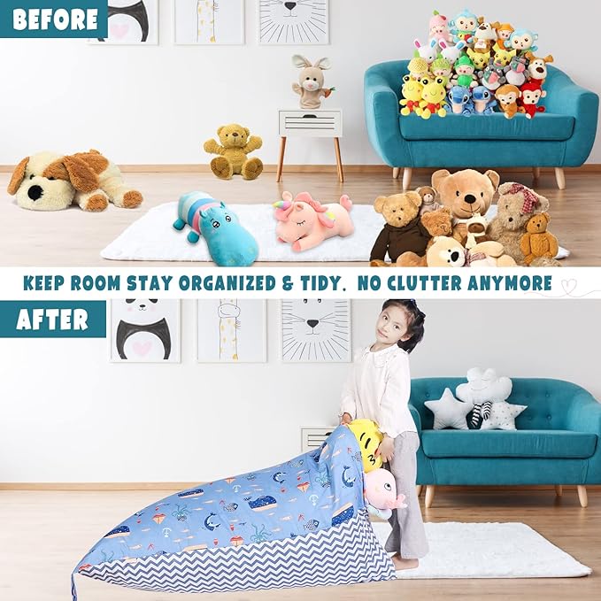 Stuffed Animal Storage Bean Bag Chair Cover, Cotton Blue Marine Life Plush Toy Storage Stuff and Sit Seat for Kids/Teens/Adults,52" x 31" Extra Large Triangle Floor Sofa, 200L/52Gal,Cover Only - LeafyLoom