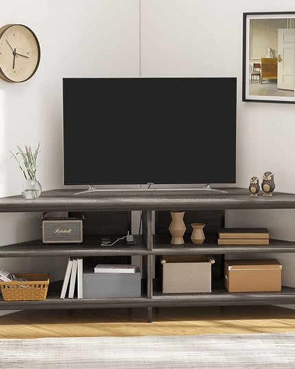 MUTUN Corner TV Stand with Power Outlet, Corner TV Stand for 32 43 50 55 60 Inch TV, Corner Entertainment Center, Industrial TV Console Table for Living Room Bedroom, 55 Inch, Grey Oak - LeafyLoom