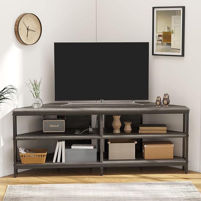 MUTUN Corner TV Stand with Power Outlet, Corner TV Stand for 32 43 50 55 60 Inch TV, Corner Entertainment Center, Industrial TV Console Table for Living Room Bedroom, 55 Inch, Grey Oak - LeafyLoom