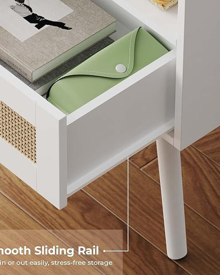 SUPERJARE Nightstand with Charging Station & Rattan-Like Decor Drawer, Rattan End Table with Solid Wood Feet, Bed Side Table with Open Storage, for Bedroom, Living Room, Dormitory - White - LeafyLoom