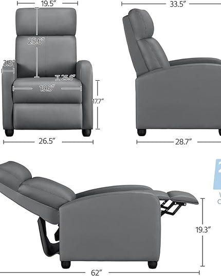 Yaheetech Recliner Chair PU Leather Recliner Sofa Home Theater Seating with Lumbar Support Overstuffed High-Density Sponge Push Silver Gray Recliners - LeafyLoom