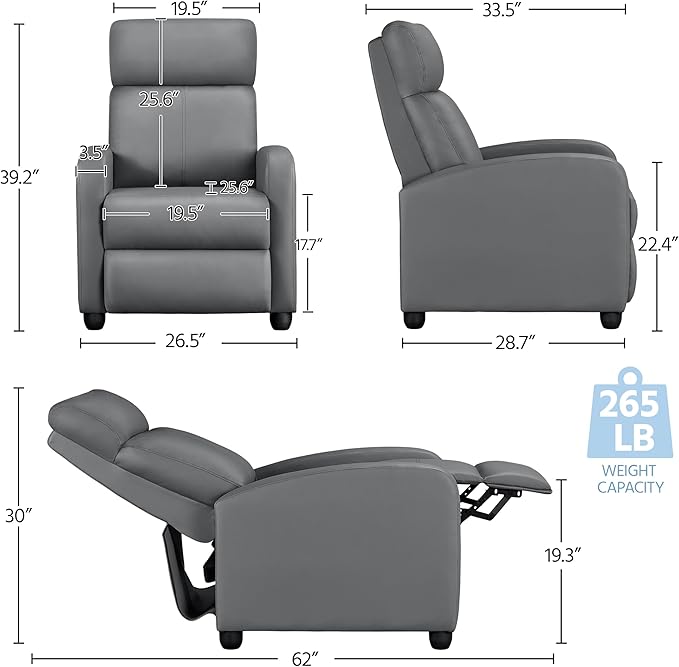 Yaheetech Recliner Chair PU Leather Recliner Sofa Home Theater Seating with Lumbar Support Overstuffed High-Density Sponge Push Silver Gray Recliners - LeafyLoom