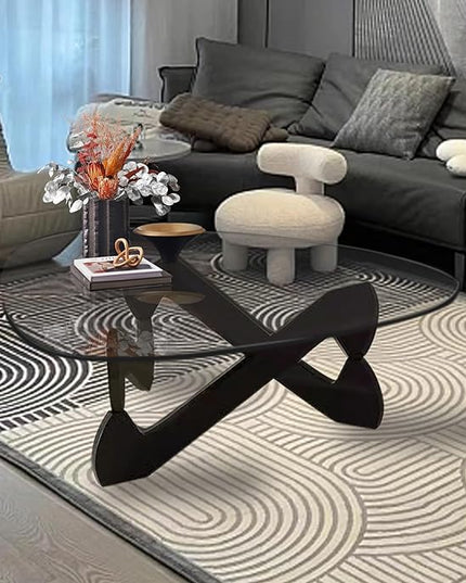 Mid-Century Modern Triangle Coffee Table, Clear Glass with Solid Wood Base, Black-Transparent, 32.3in - LeafyLoom