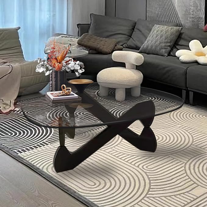 Triangle Coffee Table Glass Coffee Table for Living Room Clear Glass Coffee Table with Solid Wood Base Mid Century Modern Coffee Table for Small Spaces (Black-Transparent, 35.8in) - LeafyLoom
