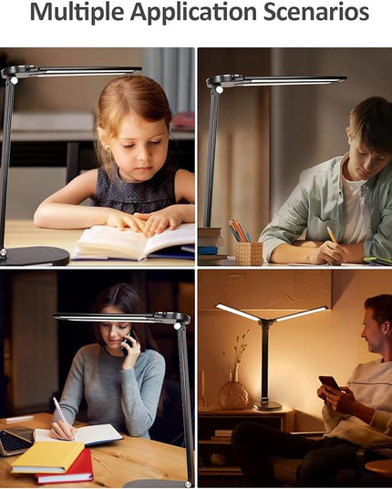 LED Desk Lamps for Home Office, 14W Double Swing Arm Desk Lamp with USB Charging Port, Eye-Caring Architect Task Lamp, Touch Control Desktop Lamp with Night Light Table Light for Work Study Craft - LeafyLoom