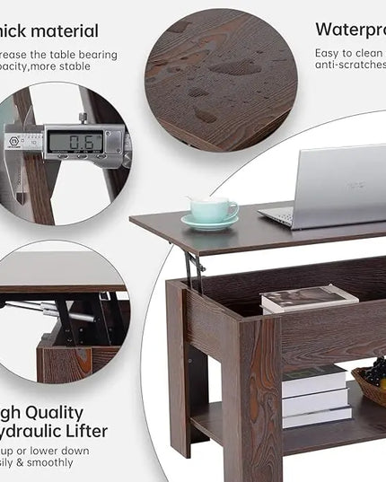 FDW Lift Top Coffee Table with Hidden Compartment and Storage Shelf Wooden Lift Tabletop for Home Living Room Reception Room Office (Espresso) - LeafyLoom