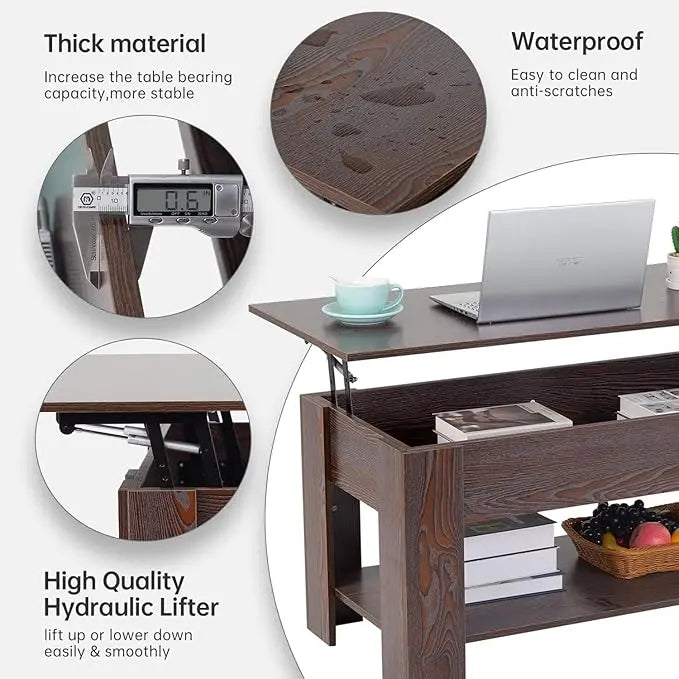 FDW Lift Top Coffee Table with Hidden Compartment and Storage Shelf Wooden Lift Tabletop for Home Living Room Reception Room Office (Espresso) - LeafyLoom