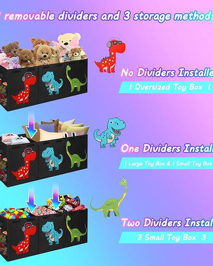 Extra Large Toy Box, Collapsible Sturdy Toy Storage Organizer with Lids, Dinosaur Toy Box for Boys Girls, 41"x14"x16" Kids Toy Chest Bin Box Baskets for Living Room, Playroom, Bedroom, Nursery, Black - LeafyLoom