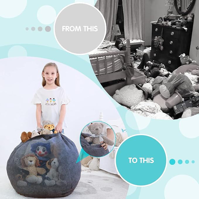 Stuffed Animal Storage Bean Bag Chair Cover (No Filler) for Kids and Adults.Soft Premium Corduroy Stuffable Beanbag for Organizing Children Plush Toys or Memory Foam Small 100L (Dark Grey) - LeafyLoom