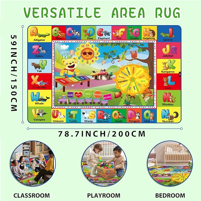 ABC Rug, ABC Play Mat for Kids Playroom, Alphabet Floor Mat,Classroom Elementary Preschool Rugs wtih ABC, Numbers, Animals - (78.7x59 Inches) - LeafyLoom