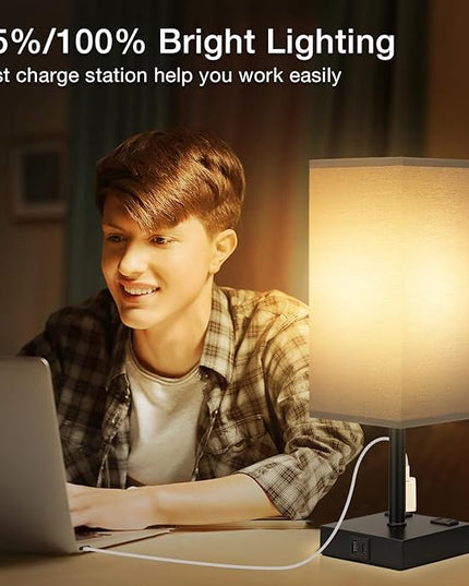 aooshine Black Base Black Shade Set of 2 Touch Lamp with USB Port-Nightstand Lamp with USB-C+A Charge Ports& AC Outlets, 3-Way Dimmable Bedside Lamp, Small Table Lamp for Bedroom(Bulb Included) - LeafyLoom