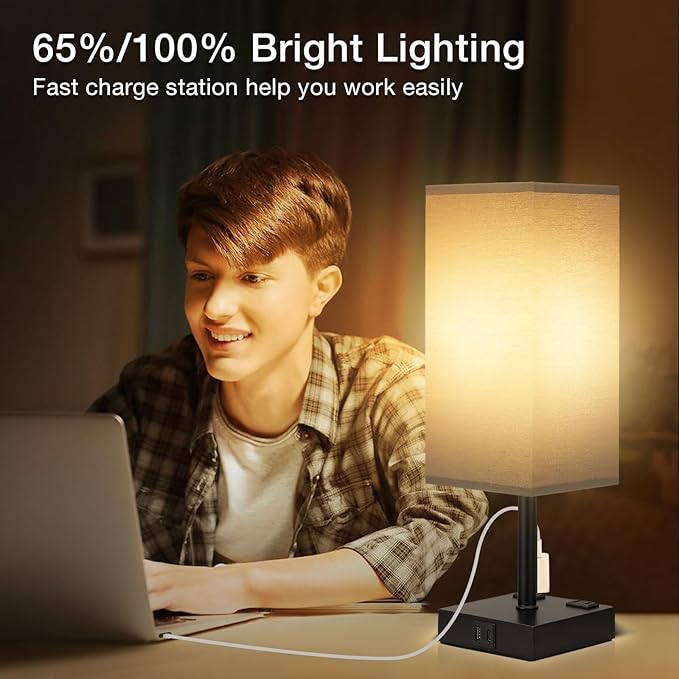 aooshine Black Base Black Shade Set of 2 Touch Lamp with USB Port-Nightstand Lamp with USB-C+A Charge Ports& AC Outlets, 3-Way Dimmable Bedside Lamp, Small Table Lamp for Bedroom(Bulb Included) - LeafyLoom