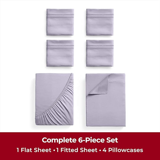 Mellanni California King Sheets Set - 6 PC Iconic Collection Bedding Sheets & Pillowcases - Ultra Soft, Cooling Bed Sheets - Deep Pocket up to 16 inch - 6 PC (Cal King, Lavender w/Extra Pillow Cases) - LeafyLoom