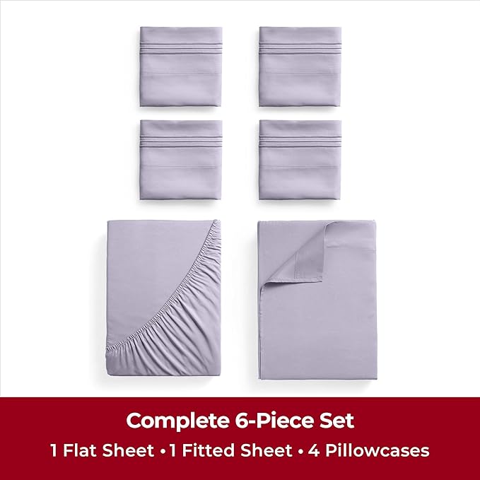 Mellanni King Sheets Set - 6 PC Iconic Collection Bedding Sheets & Pillowcases - Hotel Luxury, Ultra Soft, Cooling Bed Sheets - Deep Pocket up to 16 inch - 6 PC (King, Lavender w/Extra Pillow Cases) - LeafyLoom