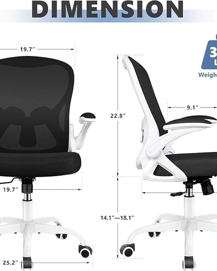 Office Chair Desk Chair, Ergonomic Mesh Computer Chair Home Office Desk Chairs, Swivel Task Chair Mid Back Breathable Rolling Chair with Adjustable Lumbar Support Flip Up Armrest (White) - LeafyLoom