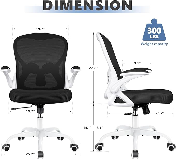 Office Chair Desk Chair, Ergonomic Mesh Computer Chair Home Office Desk Chairs, Swivel Task Chair Mid Back Breathable Rolling Chair with Adjustable Lumbar Support Flip Up Armrest (White) - LeafyLoom