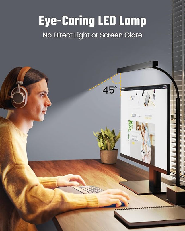 SUPERDANNY LED Desk Lamp for Office Home, Eye-Caring Desk Light with Adjustable Gooseneck, 12W Touch Control Dimmable Brightness, Architect Clamp Lamp with USB Adapter for Reading Study Workbench - LeafyLoom