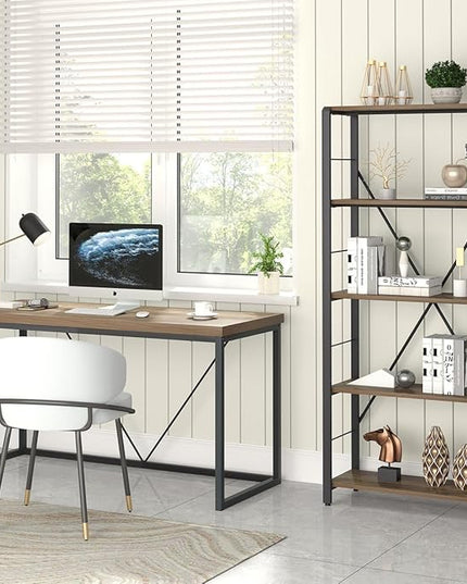 FOLUBAN 5 Tier Tall Bookshelf, Industrial Vintage Book Shelf, Rustic Wood and Metal Bookcase for Home Office Bedroom, Oak - LeafyLoom