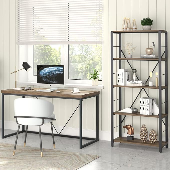 FOLUBAN 5 Tier Tall Bookshelf, Industrial Vintage Book Shelf, Rustic Wood and Metal Bookcase for Home Office Bedroom, Oak - LeafyLoom