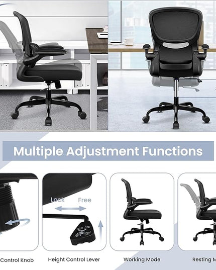 Office Chair, Ergonomic Desk Chair with Lumbar Support and Adjustable Armrests, Comfy Desk Chair Breathable Mesh Mid Back Computer Chair, Reclining Office Chair for Home Office - Black - LeafyLoom