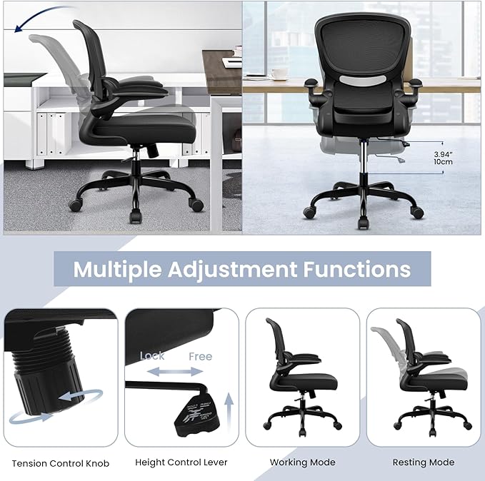Office Chair, Ergonomic Desk Chair with Lumbar Support and Adjustable Armrests, Comfy Desk Chair Breathable Mesh Mid Back Computer Chair, Reclining Office Chair for Home Office - Black - LeafyLoom