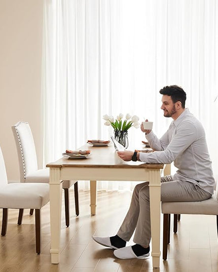 DUMOS Dining Chairs Set of 6, Fabric Dining Room Chairs, Upholstered Parsons Chairs with Nailhead Trim and Wood Legs, Kitchen Side Chair for Dining Living Room,Bedroom - Beige - LeafyLoom
