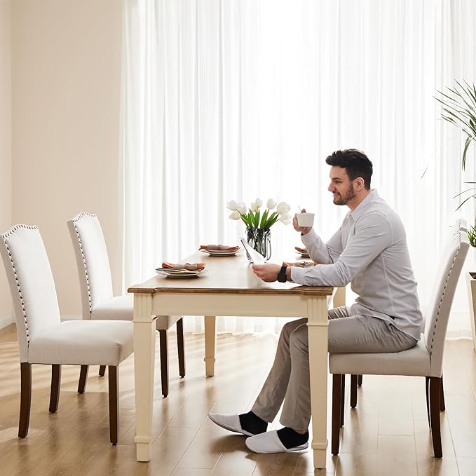 DUMOS Dining Chairs Set of 4, Fabric Dining Room Chairs, Upholstered Parsons Chairs with Nailhead Trim and Wood Legs, Kitchen Side Chair for Dining Living Room,Bedroom - Beige - LeafyLoom