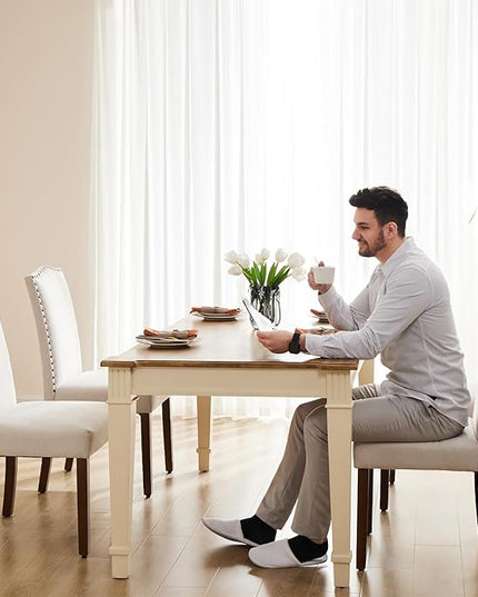 DUMOS Dining Chairs Set of 2, Fabric Dining Room Chairs, Upholstered Parsons Chairs with Nailhead Trim and Wood Legs, Kitchen Side Chair for Dining Living Room,Bedroom - Beige - LeafyLoom