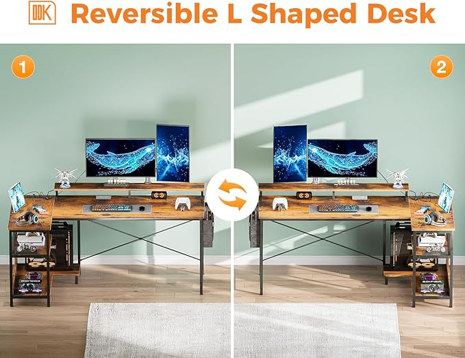 ODK 58 Inch Gaming Desk with USB Charging Ports and LED Lights, Reversible L Shaped Computer Desk with Storage Shelves & Monitor Stand, Corner Home Office Desk Table with Power Outlets, Vintage - LeafyLoom