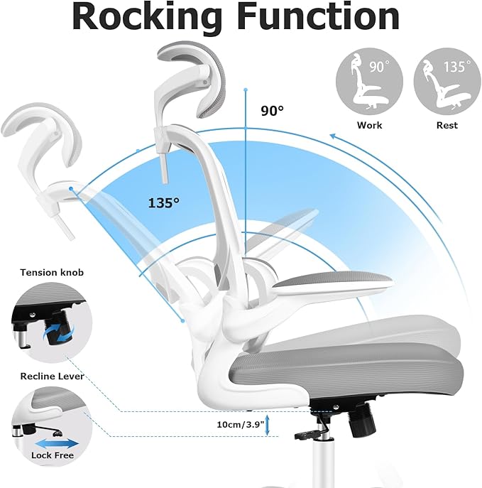 Ergonomic Office Chair, High Back Mesh Desk Chair with Lumbar Support and Adjustable Headrest, Computer Gaming Chair with Flip-up Armrests, Executive Swivel Chair for Home Office (LightGray) - LeafyLoom