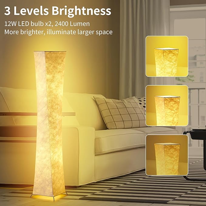 chiphy Floor Lamp, Dimmable 61" Tall Standing Lamp, 3 Levels Adjustable Brightness 12Wx2 LED Bulbs, Column Floor Light w/White Fabric Shade, Home Decor for Living Room, Bedroom, Kids Room - LeafyLoom