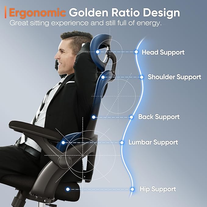 Ergonomic Office Chair, High Back Mesh Desk Chair with Adjustable Lumbar Support, 3D Flip-Up Arms, Headrest, Swivel Rolling Wheel, Big and Tall Comfy Wide Work Task Computer Gaming Chairs for Adults - LeafyLoom