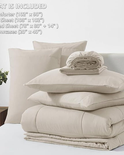 CozyLux King Size Comforter Sets - 7 Pieces Bed in a Bag Set Beige, Bedding Sets King with All Season Quilted Comforter, Flat Sheet, Fitted Sheet, Pillowcases, Beige, King - LeafyLoom