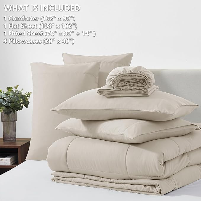CozyLux King Size Comforter Sets - 7 Pieces Bed in a Bag Set Beige, Bedding Sets King with All Season Quilted Comforter, Flat Sheet, Fitted Sheet, Pillowcases, Beige, King - LeafyLoom