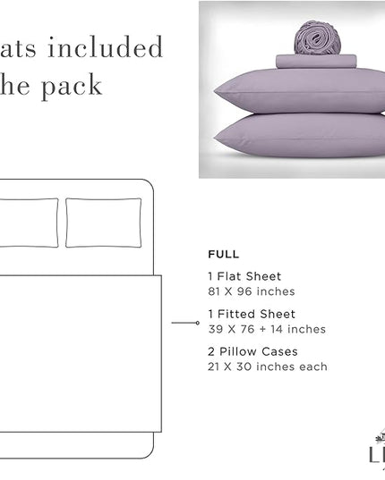 Linen Home Washed Cotton Percale Full Sheet Set, Iris Lilac, Deep Pocket, 4 Pieces Bed Sheets - 1 Flat Sheet, 1 Fitted Sheet & 2 Envelope Closure Pillowcases, Cool and Comfortable Bed Linen - LeafyLoom