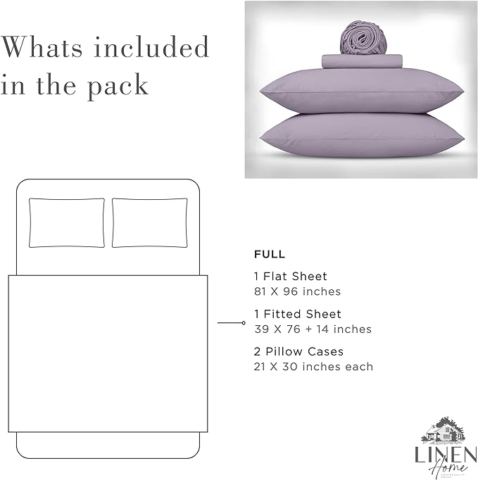 Linen Home Washed Cotton Percale Full Sheet Set, Iris Lilac, Deep Pocket, 4 Pieces Bed Sheets - 1 Flat Sheet, 1 Fitted Sheet & 2 Envelope Closure Pillowcases, Cool and Comfortable Bed Linen - LeafyLoom