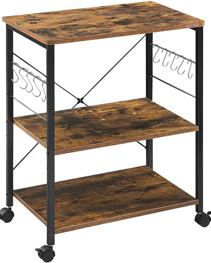 Mr IRONSTONE Baker's Rack, Kitchen Microwave Cart, Coffee Bar Table Station, 3-Tier Kitchen Utility Storage Shelf with Rolling Wheels Coffee Cart Kitchen Microwave Stand with 10 Hooks, Rustic Brown - LeafyLoom
