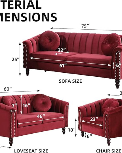 Velvet Loveseat Modern Living Room 3 Piece with Scroll Arms and Nailhead, includes 2 Love-seat Chair & Armchair, Sofa Couch Set Red - LeafyLoom