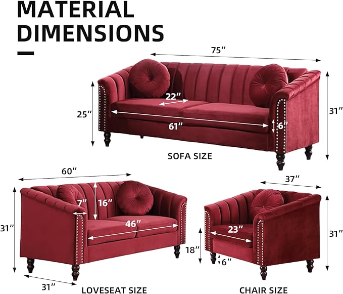 Velvet Living Room Sofa Set 3 Piece Modern Decor Sofa and Loveseat Set with Scroll Arms and Nailhead, Includes 2 Loveseat Couch and Armchair Red - LeafyLoom