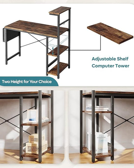 Bestier Computer Desk with LED lights, Gaming Desk with 4 Tier Shelves, 44 Inch Office Desk with Storage Bag & Printer Shelf (Rustic Brown) - LeafyLoom